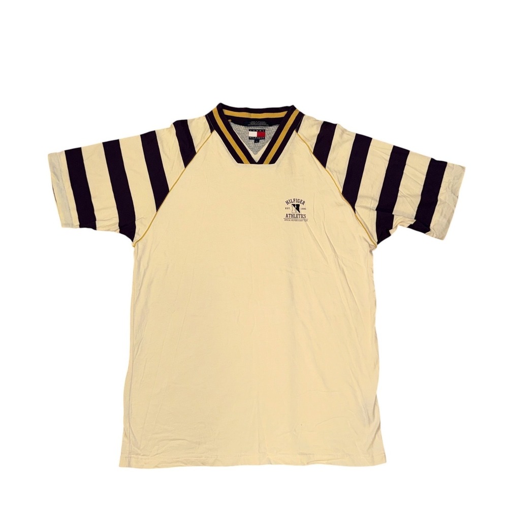 Vtg Tommy Hilfiger Athletics Shirt Mens L Cream Striped V-Neck Raglan Jersey